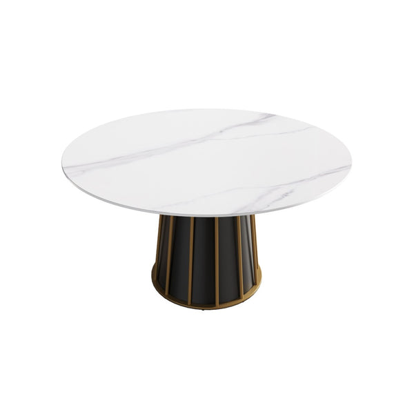 English Elm 53" Round Sintered Stone Dining Table Brass Base Lazy Susan Seats Six Modern W1535S00755
