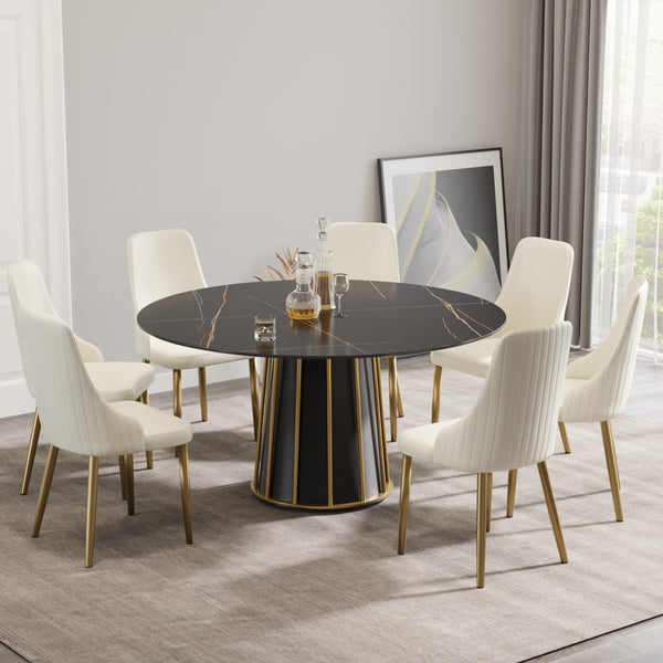 English Elm 59.05Modern Round Sintered Stone Dining Table for 8 Matte Black Hollowed Iron Base W1535S00756