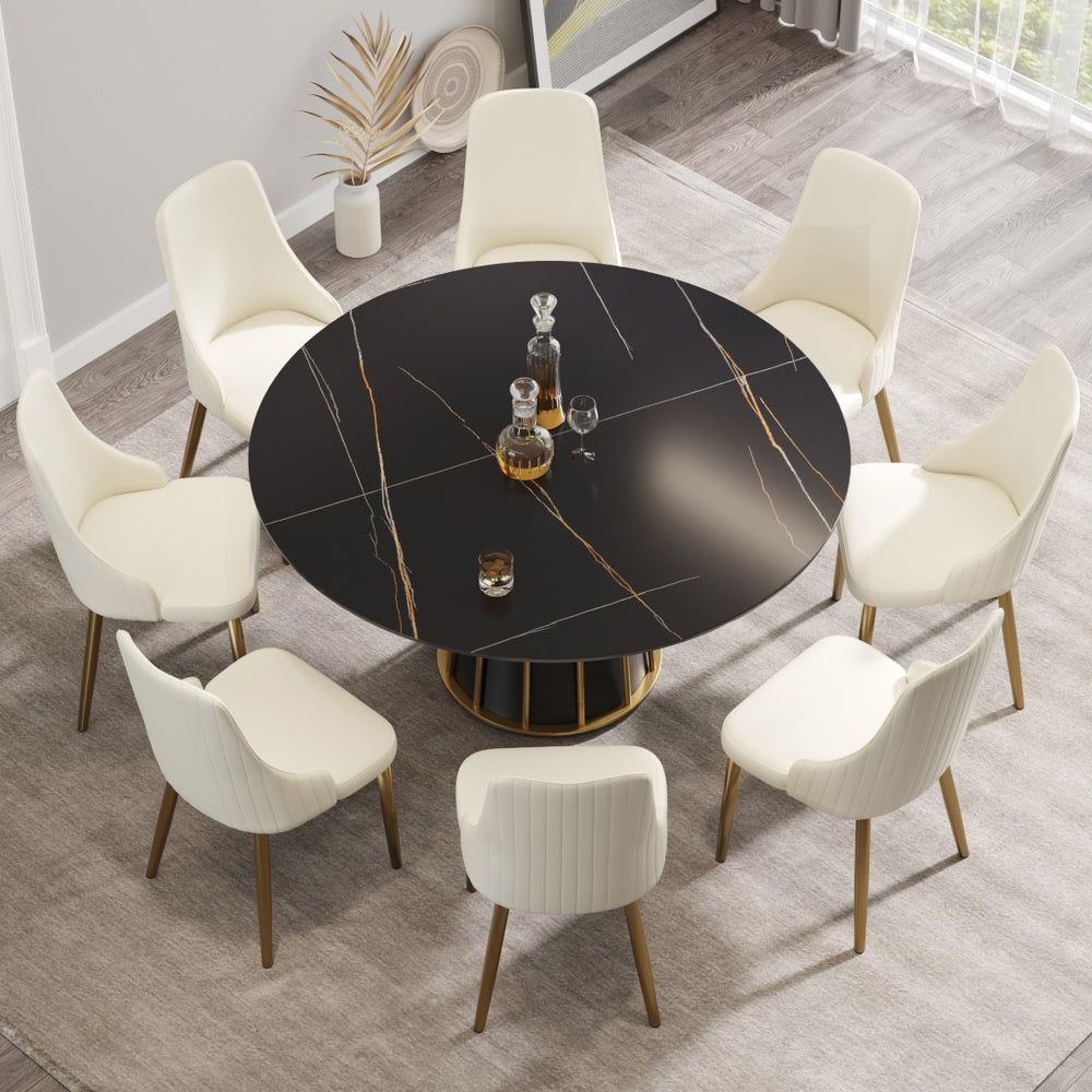 English Elm 59.05Modern Round Sintered Stone Dining Table for 8 Matte Black Hollowed Iron Base W1535S00756