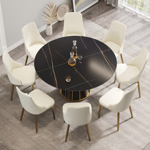 English Elm 59.05Modern Round Sintered Stone Dining Table for 8 Matte Black Hollowed Iron Base W1535S00756