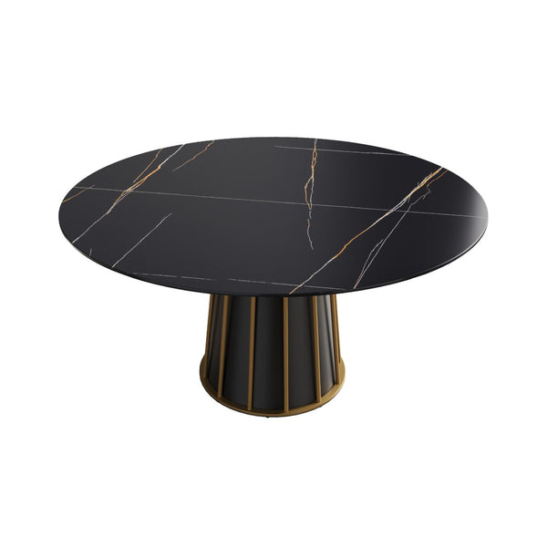 English Elm 59.05Modern Round Sintered Stone Dining Table for 8 Matte Black Hollowed Iron Base W1535S00756
