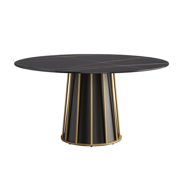 English Elm 59.05Modern Round Sintered Stone Dining Table for 8 Matte Black Hollowed Iron Base W1535S00756
