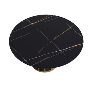 English Elm 59.05Modern Round Sintered Stone Dining Table for 8 Matte Black Hollowed Iron Base W1535S00756