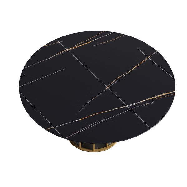 English Elm 59.05Modern Round Sintered Stone Dining Table for 8 Matte Black Hollowed Iron Base W1535S00756