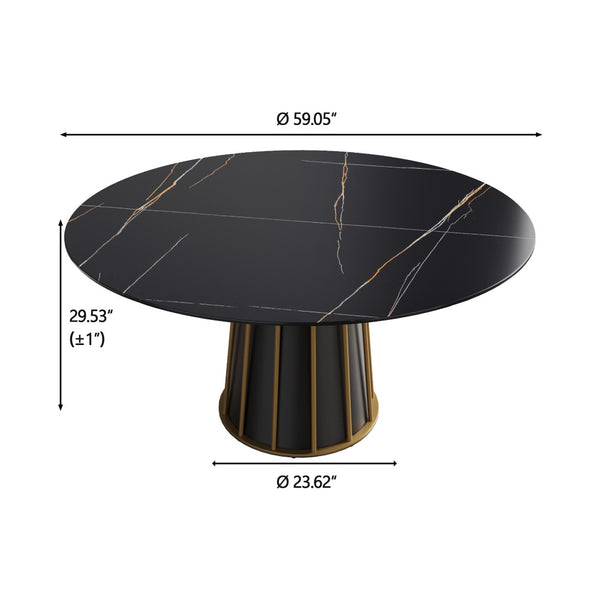 English Elm 59.05Modern Round Sintered Stone Dining Table for 8 Matte Black Hollowed Iron Base W1535S00756