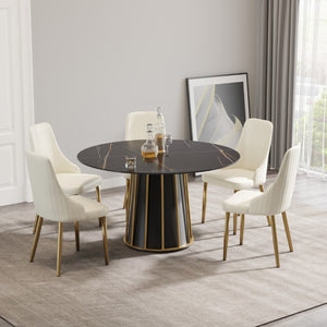 English Elm 53.15Modern Sintered Stone Round Table Seats 6 with Sleek Black Iron Pedestal W1535S00757