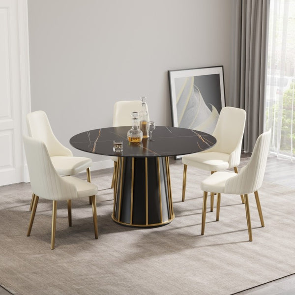 English Elm 53.15Modern Sintered Stone Round Table Seats 6 with Sleek Black Iron Pedestal W1535S00757