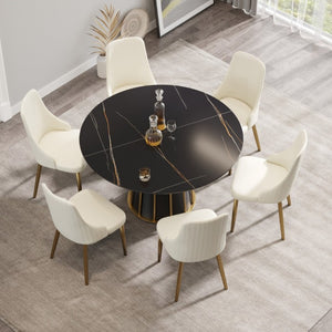 English Elm 53.15Modern Sintered Stone Round Table Seats 6 with Sleek Black Iron Pedestal W1535S00757