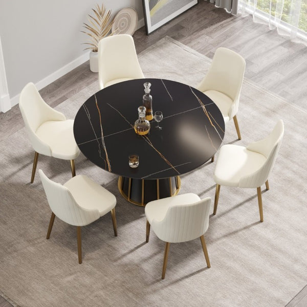 English Elm 53.15Modern Sintered Stone Round Table Seats 6 with Sleek Black Iron Pedestal W1535S00757