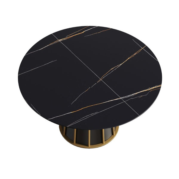 English Elm 53.15Modern Sintered Stone Round Table Seats 6 with Sleek Black Iron Pedestal W1535S00757