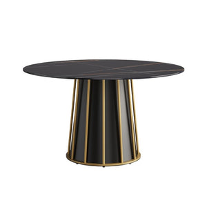 English Elm 53.15Modern Sintered Stone Round Table Seats 6 with Sleek Black Iron Pedestal W1535S00757