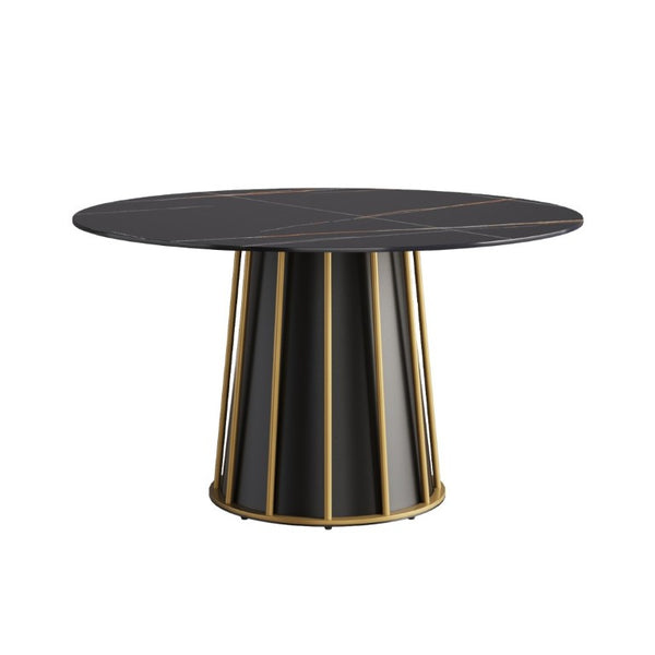 English Elm 53.15Modern Sintered Stone Round Table Seats 6 with Sleek Black Iron Pedestal W1535S00757