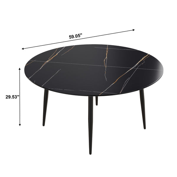 English Elm 59.05Modern Sintered Stone Round Dining Table Seats 6 Matte Black Iron Pedestal Base W1535S00758