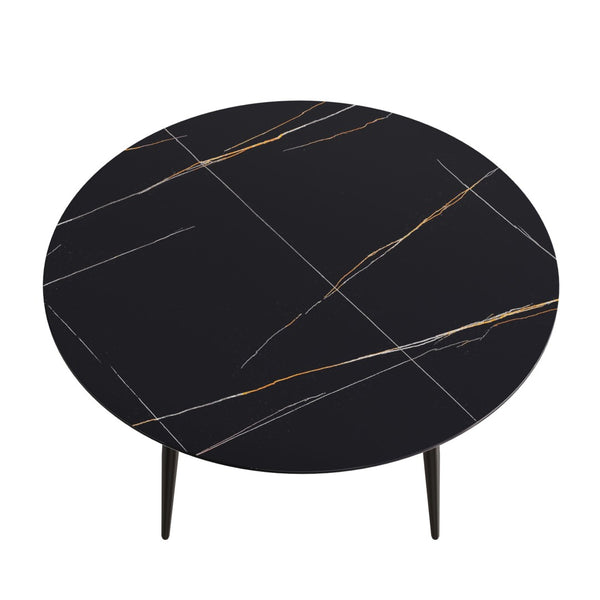 English Elm 59.05Modern Sintered Stone Round Dining Table Seats 6 Matte Black Iron Pedestal Base W1535S00758