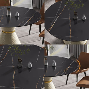 English Elm 59.05Modern Sintered Stone Round Dining Table Seats Six with Sculptural Steel Pedestal W1535S00759