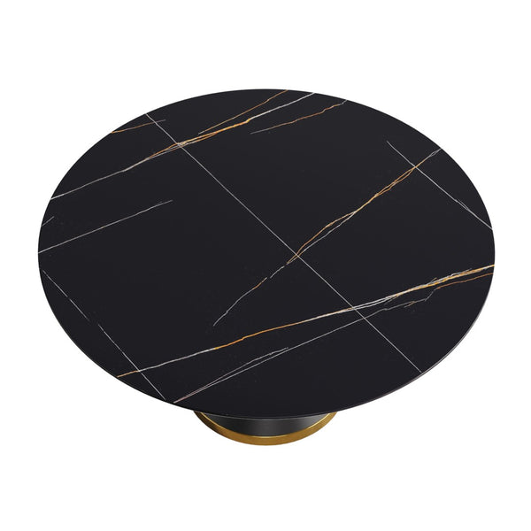 English Elm 59.05Modern Sintered Stone Round Dining Table Seats Six with Sculpted Carbon Steel Base W1535S00760