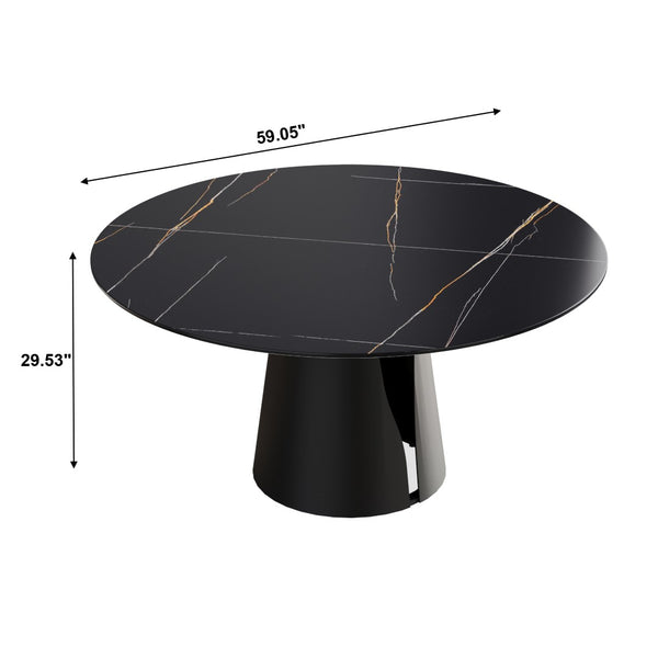 English Elm 59.05Modern Sintered Stone Round Dining Table Seats Six with Sculptural Steel Base W1535S00761