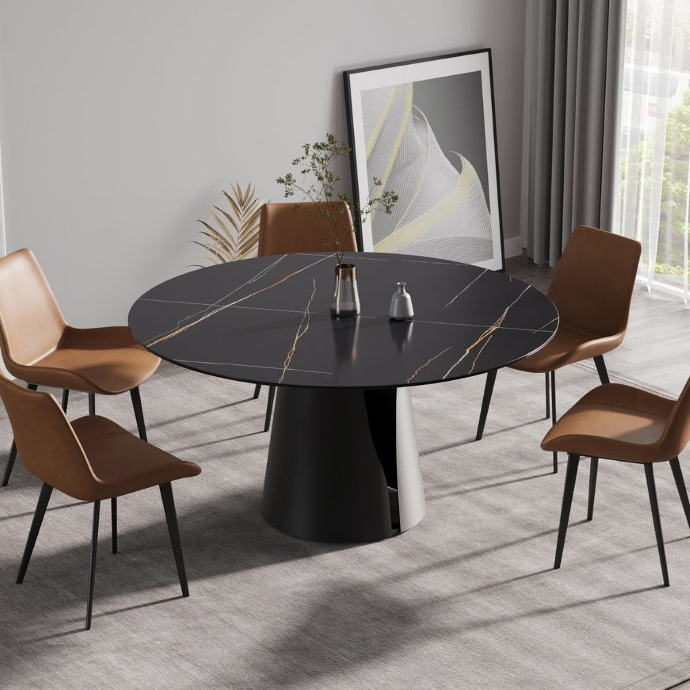 English Elm 59.05Modern Sintered Stone Round Dining Table Seats Six with Sculptural Steel Base W1535S00761