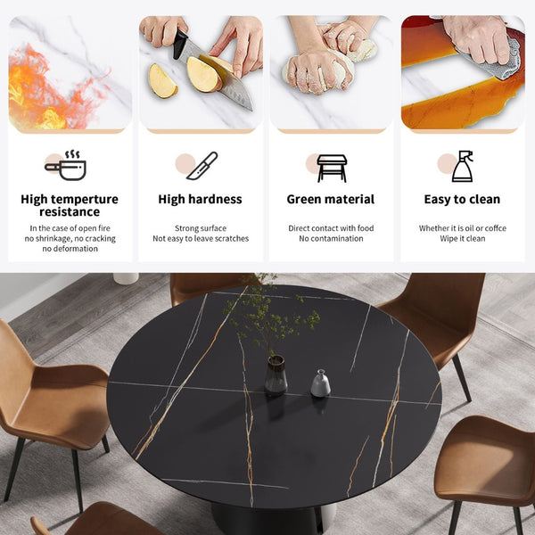 English Elm 59.05Modern Sintered Stone Round Dining Table Seats Six with Sculptural Steel Base W1535S00761