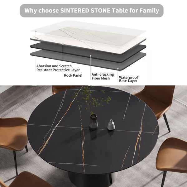 English Elm 59.05Modern Sintered Stone Round Dining Table Seats Six with Sculptural Steel Base W1535S00761
