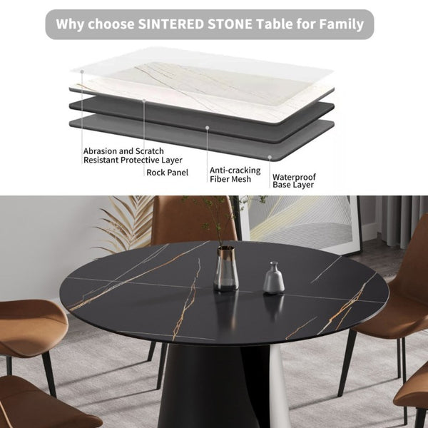 English Elm 53.15Modern Sintered Stone Round Dining Table Seats Six with Steel Pedestal Base W1535S00762