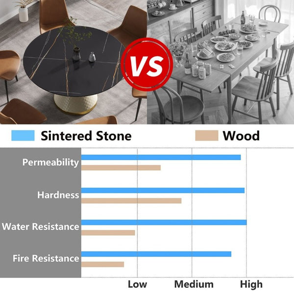 English Elm 53.15Modern Sintered Stone Round Dining Table Seats Six with Sculptural Steel Pedestal W1535S00763