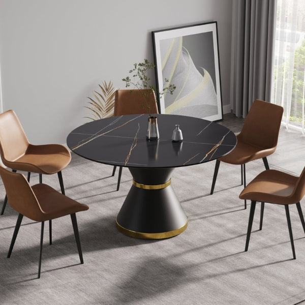 English Elm 53.15Modern Sintered Stone Round Dining Table Seats Six with Matte Black Pedestal Base W1535S00764
