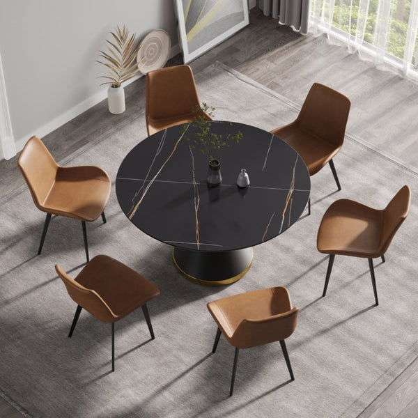 English Elm 53.15Modern Sintered Stone Round Dining Table Seats Six with Matte Black Pedestal Base W1535S00764