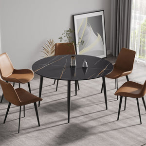 English Elm 53" Round Sintered Stone Dining Table Brass Base Lazy Susan Seats Six Modern W1535S00765