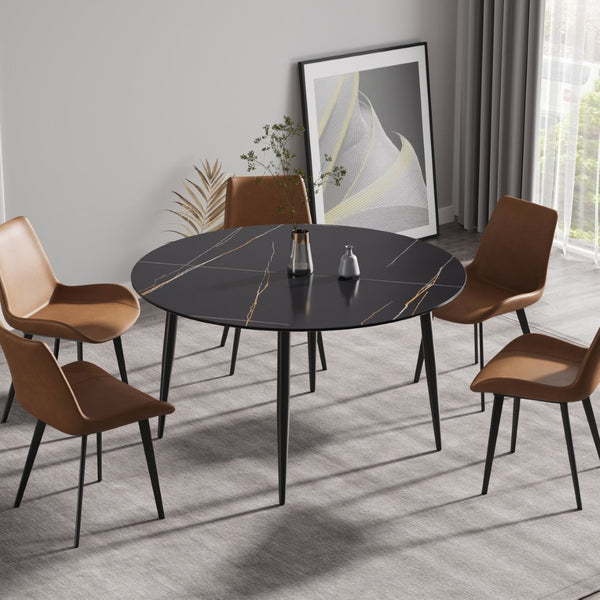 English Elm 53" Round Sintered Stone Dining Table Brass Base Lazy Susan Seats Six Modern W1535S00765