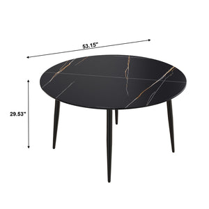 English Elm 53" Round Sintered Stone Dining Table Brass Base Lazy Susan Seats Six Modern W1535S00765
