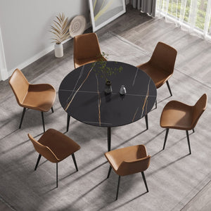 English Elm 53" Round Sintered Stone Dining Table Brass Base Lazy Susan Seats Six Modern W1535S00765