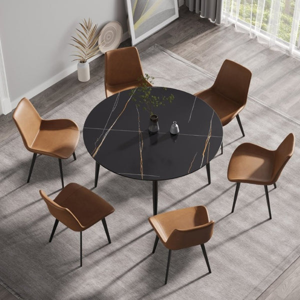 English Elm 53.15 Inch Round Sintered Stone Dining Table with Lazy Susan Seats Six People Black W1535S00765