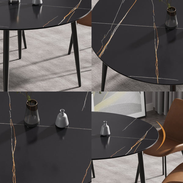 English Elm 53" Round Sintered Stone Dining Table Brass Base Lazy Susan Seats Six Modern W1535S00765