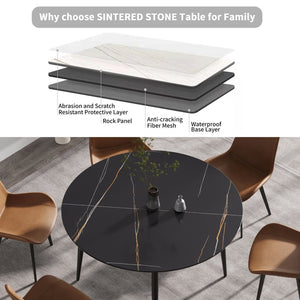 English Elm 53" Round Sintered Stone Dining Table Brass Base Lazy Susan Seats Six Modern W1535S00765