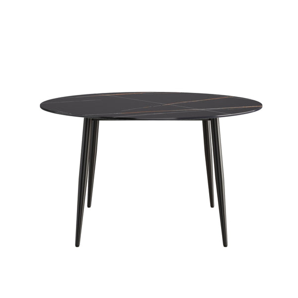English Elm 53" Round Sintered Stone Dining Table Brass Base Lazy Susan Seats Six Modern W1535S00765
