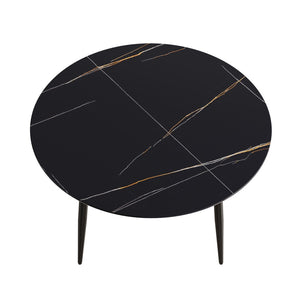 English Elm 53" Round Sintered Stone Dining Table Brass Base Lazy Susan Seats Six Modern W1535S00765