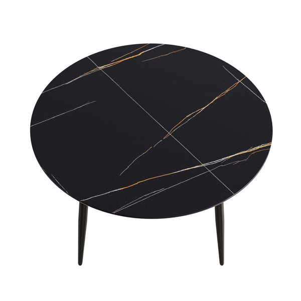 English Elm 53" Round Sintered Stone Dining Table Brass Base Lazy Susan Seats Six Modern W1535S00765