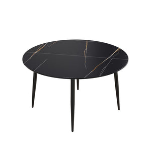 English Elm 53" Round Sintered Stone Dining Table Brass Base Lazy Susan Seats Six Modern W1535S00765
