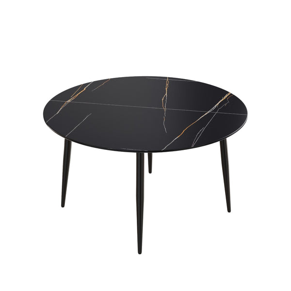 English Elm 53" Round Sintered Stone Dining Table Brass Base Lazy Susan Seats Six Modern W1535S00765