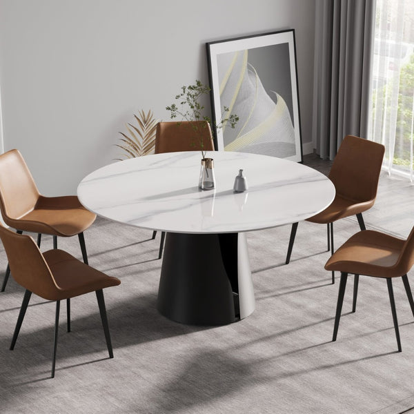 English Elm 59.05Modern Sintered Stone Round Dining Table for Six with Black Pedestal Base W1535S00766