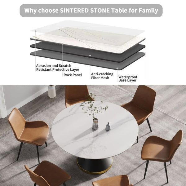 English Elm 53.15Modern Sintered Stone Round Dining Table Seats Six with Industrial Steel Pedestal W1535S00772