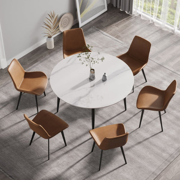 English Elm 53" Round Sintered Stone Dining Table Brass Base Lazy Susan Seats Six Modern W1535S00773