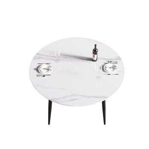 English Elm 53" Round Sintered Stone Dining Table Brass Base Lazy Susan Seats Six Modern W1535S00773