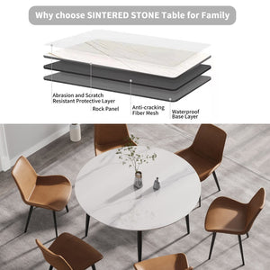 English Elm 53" Round Sintered Stone Dining Table Brass Base Lazy Susan Seats Six Modern W1535S00773