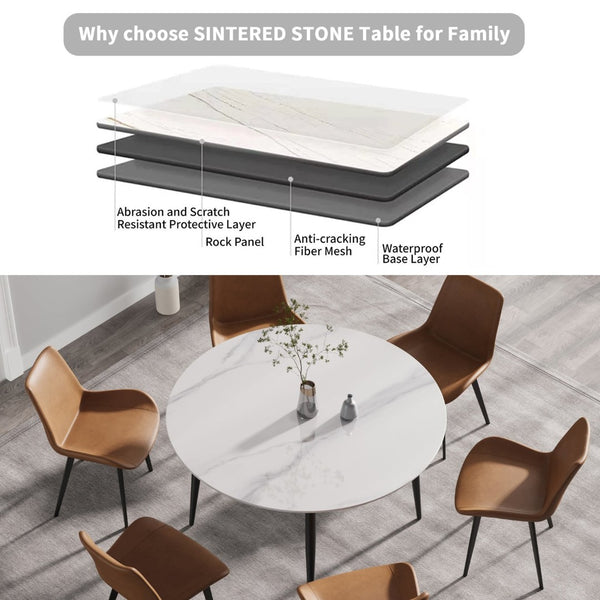 English Elm 53" Round Sintered Stone Dining Table Brass Base Lazy Susan Seats Six Modern W1535S00773