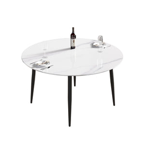 English Elm 53" Round Sintered Stone Dining Table Brass Base Lazy Susan Seats Six Modern W1535S00773