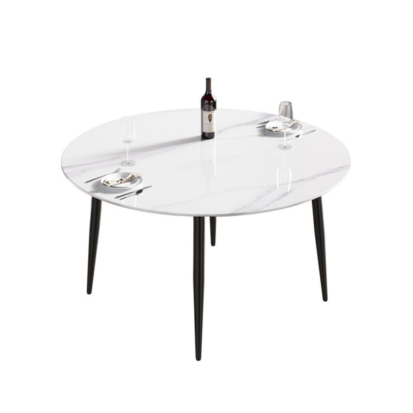 English Elm 53" Round Sintered Stone Dining Table Brass Base Lazy Susan Seats Six Modern W1535S00773