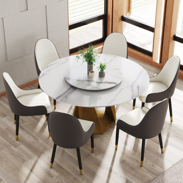 English Elm 59.05 Round Sintered Stone Dining Table Bronze Pedestal Base with Built-In Turntable Seats 8 W1535S00774