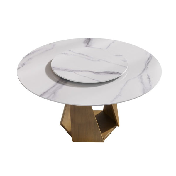 English Elm 59.05 Round Sintered Stone Dining Table Bronze Pedestal Base with Built-In Turntable Seats 8 W1535S00774
